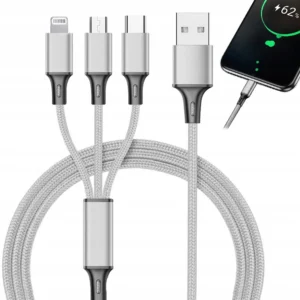 Zestaw kabli USB – USB typ C / microUSB / Lightning SREBRNY